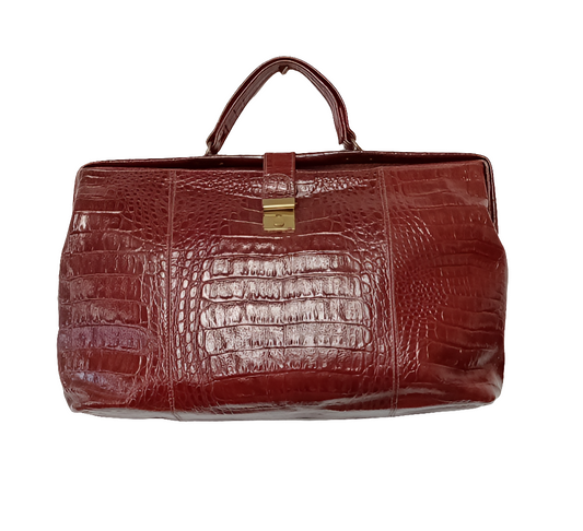 Cartella unisex vintage in vera pelle con stampa coccodrillo