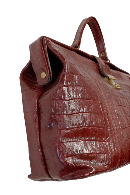 Cartella unisex vintage in vera pelle con stampa coccodrillo